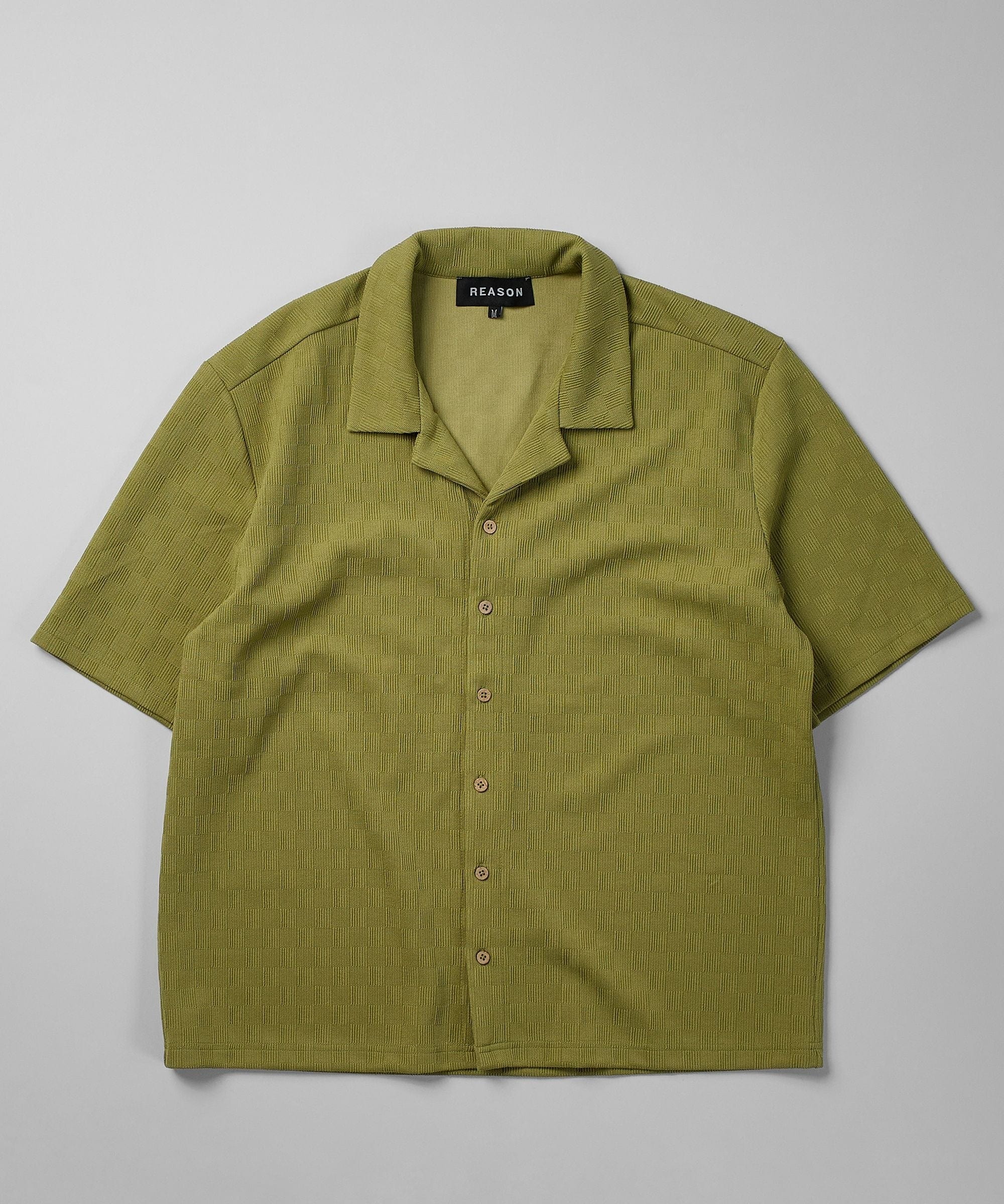 Jacquard Textured Knit Short Sleeve Button Down Shirt - Olive Green