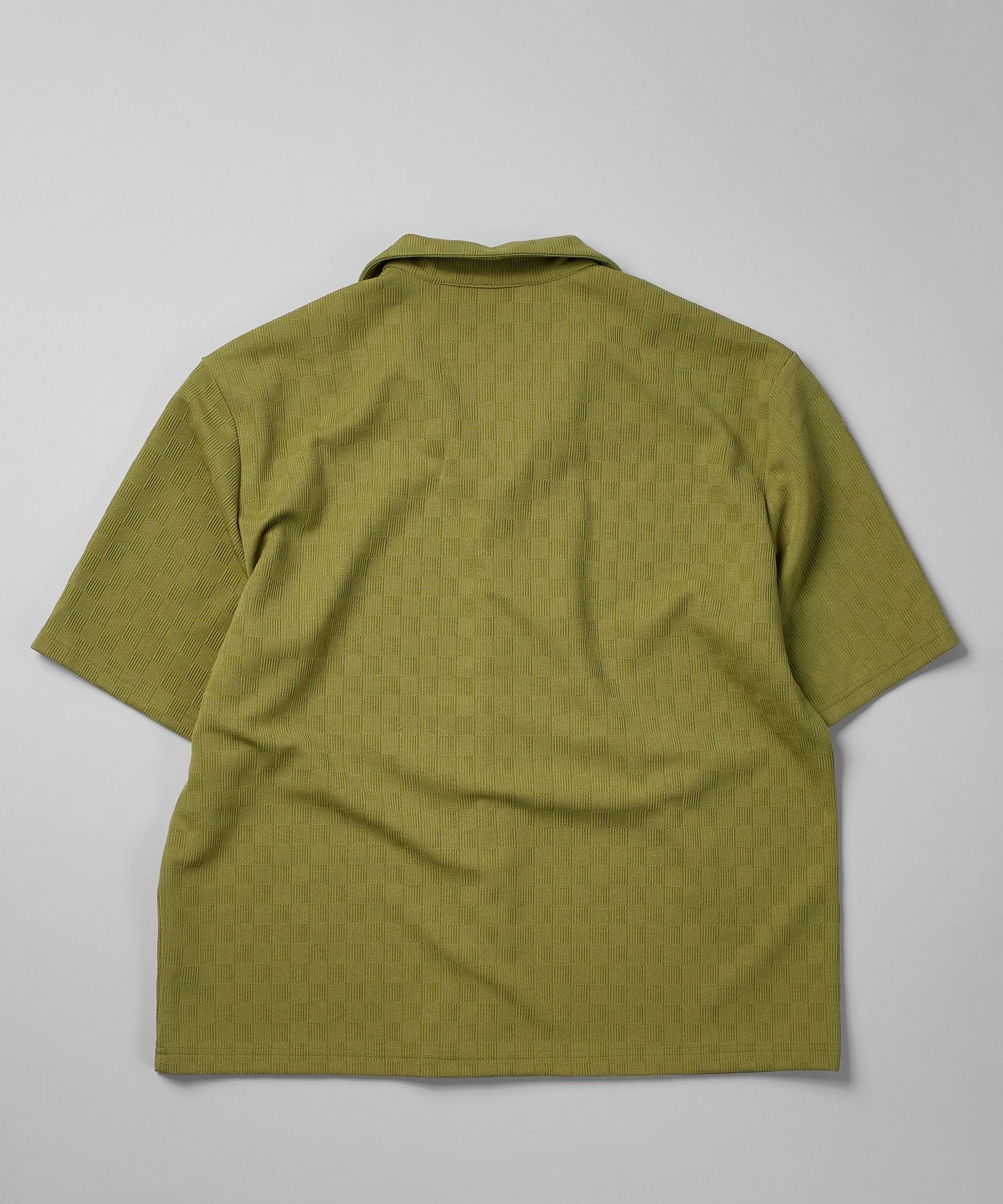 Jacquard Textured Knit Short Sleeve Button Down Shirt - Olive Green