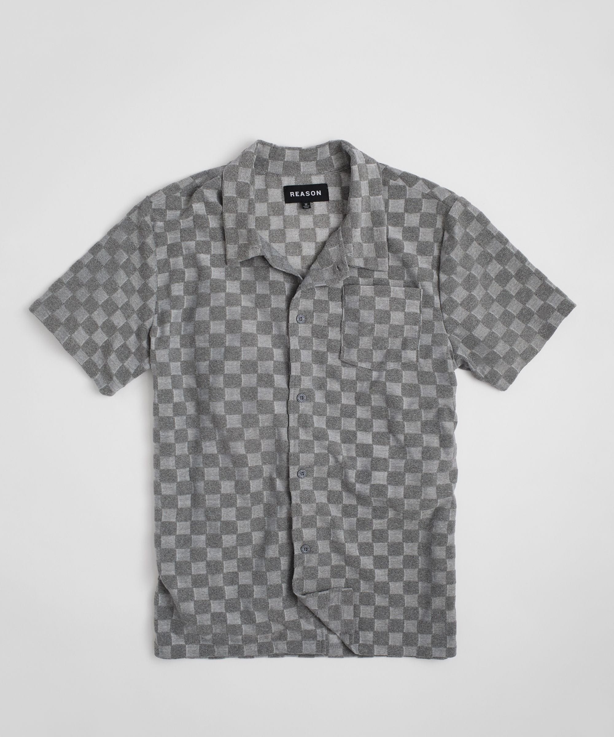 Checkerboard Towel Color Blocked Short Sleeve Button Down Shirt - Grey